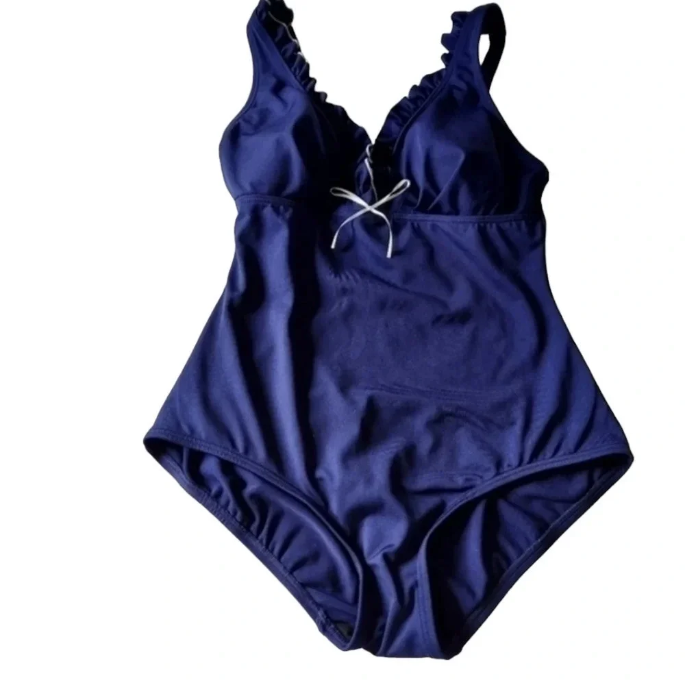 Vintage Gabar Navy Blue White Ruffled V Neck Swimsuit‎ with Adjustable St…